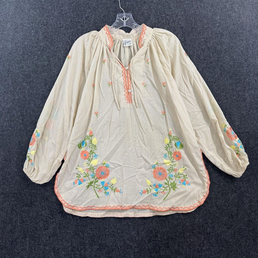 Vintage Leandra Blouse Women's Medium Beige Embroidered Floral Crochet Boho